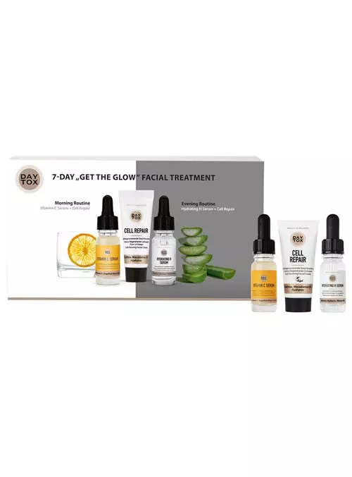 Set pentru îngrijirea tenului 7 Day Get The Glow Facial Treatment, DAYTOX, 95 lei, exclusiv în parfumeriile Douglas (conține cremă de regenerare a celulelor, ser cu vitamina C și ser hidratant H)
