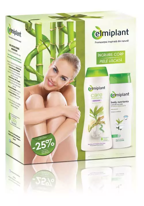 Pachet dedicat ingrijirii corpului cu gel de dus crema si lotiune de corp intensiv hidratanta, Elmiplant, 17 lei.