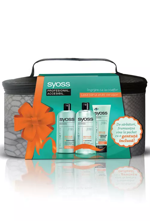 Geanta cadou, Syoss, ce contine sampon, balsam, tratament pentru par si portfard, 41 lei