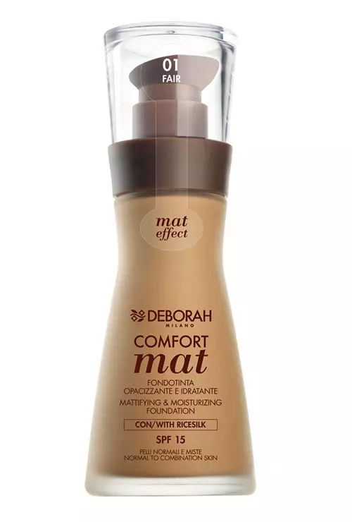 Deborah, Comfort Mat, un fond de ten matifiant, hidratant si protector, cu SPF 15, care reduce vizibil luciul neplacut din zona T, 63 lei.