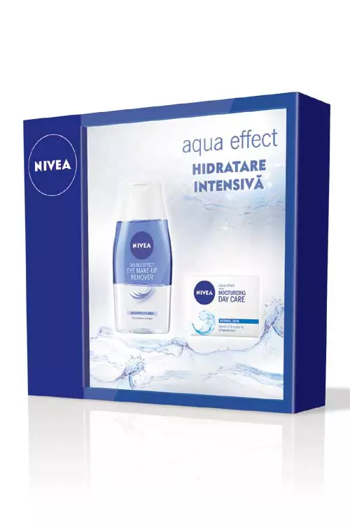 Cadoul NIVEA Aqua Effect, ce contine NIVEA Aqua Effect Crema de zi hidratanta pentru ten normal si NIVEA Double Effect Demachiant pentru ochi bifazic, Nivea, 21,68 lei.