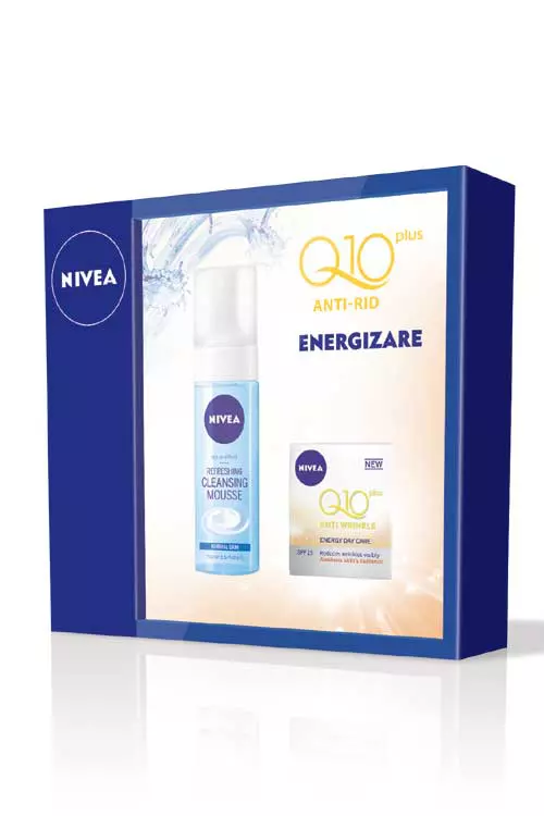 Cadoul Nivea Q10 ENERGY, ce contine NIVEA Q10 Plus Energy crema anti-rid si NIVEA Aqua Effect spuma de curatare, Nivea, 45,7 lei.