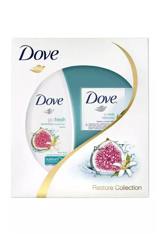 Caseta cadou Dove Restore Collection ce cuprinde gel de dus si sapun-crema, Dove, 13.71 lei.