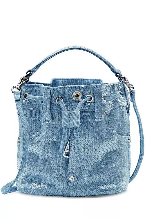 Geanta din denim, cu aplicatii de paiete, Moschino, cu pretul la cerere