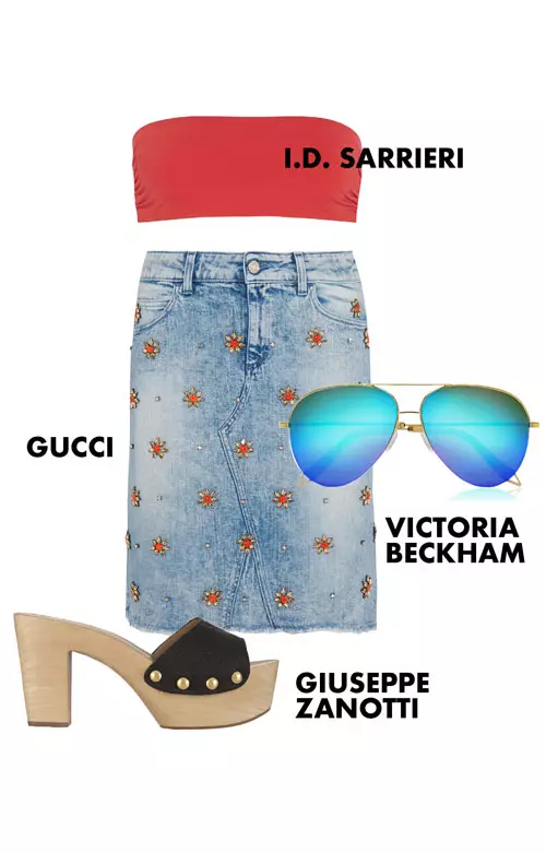 Fusta din jeans – poti obtine un look extrem de modern si seducator, cu ajutorul unei fuste din jeans, al unei bustiere si al unei perechi de saboti, incaltarile-vedeta ale sezonului.