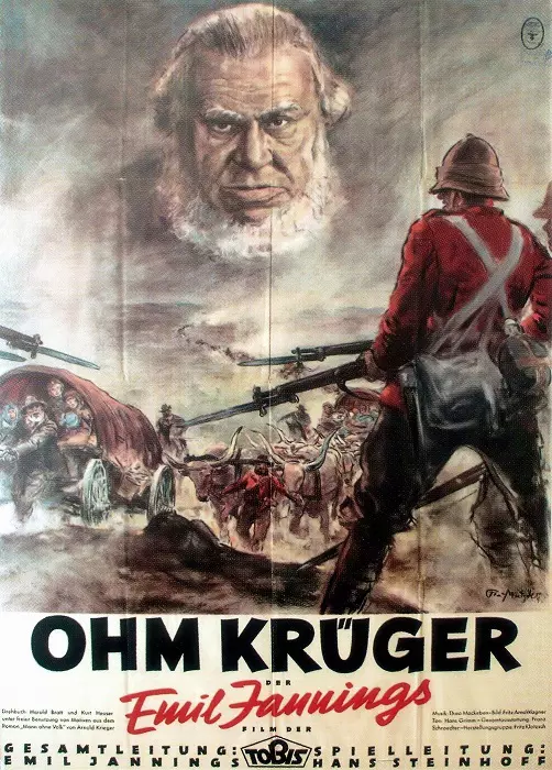 "Ohm Krger" Vintage German Advertising for a film poster featuring a large, imposing face of Emil Jannings as President Kruger, with dramatic wartime scenes below, reflecting the intense and emotional art style of 1940s cinema advertising.