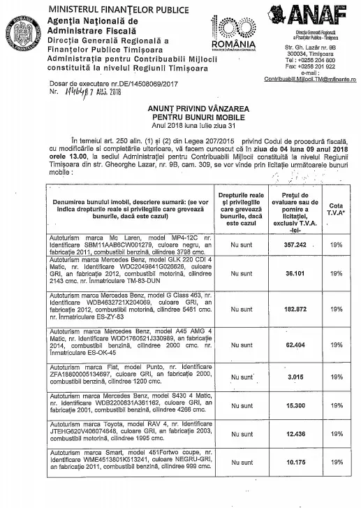 anaf masini vanzare august 2018