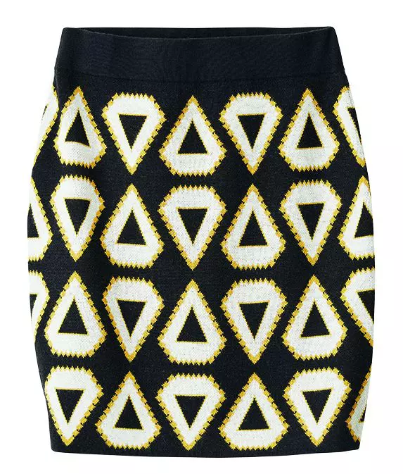 Fustă din set cu pulover în aceeaşi grafică şi nuanţe cromatice, H&M, 159 lei;