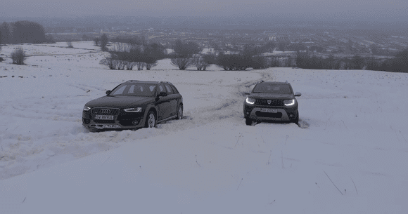 Dacia Duster vs Audi A4 Allroad pe zăpadă. Unul dintre ei are anvelope all-season. Ghiciți cine câștigă (VIDEO)