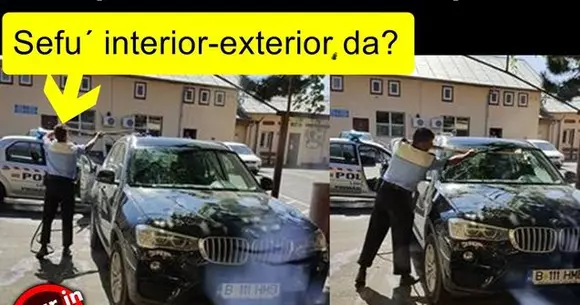 De necrezut! Un polițist spală mașina personală a șefului său chiar în curtea instituției