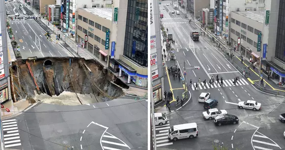 Eficiență japoneză. Au asfaltat un crater adânc de 15 metri în doar două zile