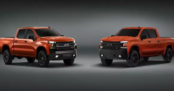 Dacă te uiți cu atenție, unul dintre aceste Chevrolet Silverado este făcut din LEGO