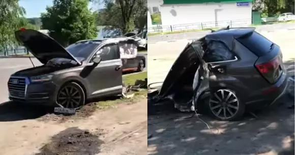 Un Audi Q7 s-a rupt în două după ce a intrat într-un stâlp