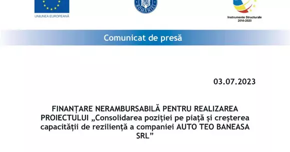 (P) AUTO TEO BANEASA: Investiții destinate capacităților de prestare de servicii și retehnologizării, în vederea refacerii capacității de reziliență