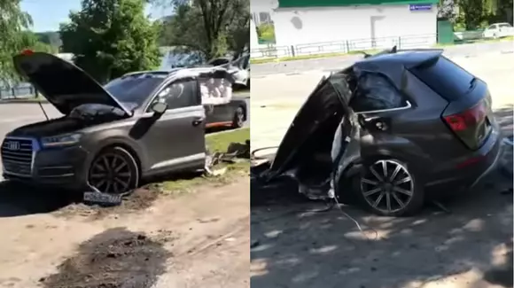 Un Audi Q7 s-a rupt în două după ce a intrat într-un stâlp