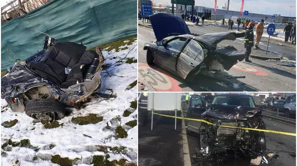 Un BMW şi un Range Rover s-au izbit pe DN1. Una dintre maşini a fost ruptă în două