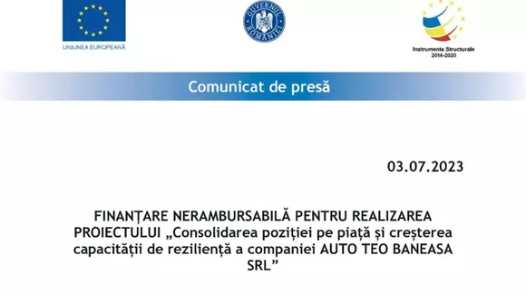 (P) AUTO TEO BANEASA: Investiții destinate capacităților de prestare de servicii și retehnologizării, în vederea refacerii capacității de reziliență