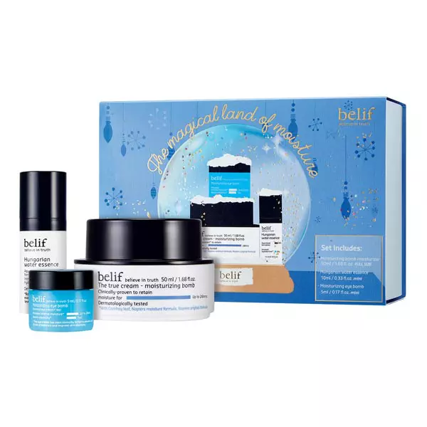 Set pentru îngrijirea tenului, The Magical Land Of Moisture, BELIF, 155 lei, exclusiv în magazinele Sephora (conține cremă The True Cream - Moisturizing Bomb 50 ml; cremă pentru conturul ochilor Moisturizing Eye Bomb 5 ml și serum Hungarian Water Essence 10 ml)