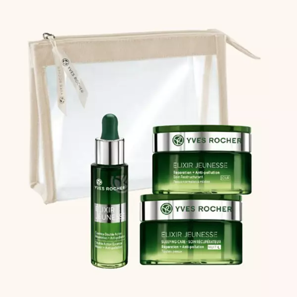 Set pentru îngrijirea tenului Yves Rocher, 189 lei (conține Ser elixir cu dublă acțiune pentru tinerețea tenului 30 ml,cremă reparatoare de noapte 50 ml și cremă reparatoare de zi 50 ml)