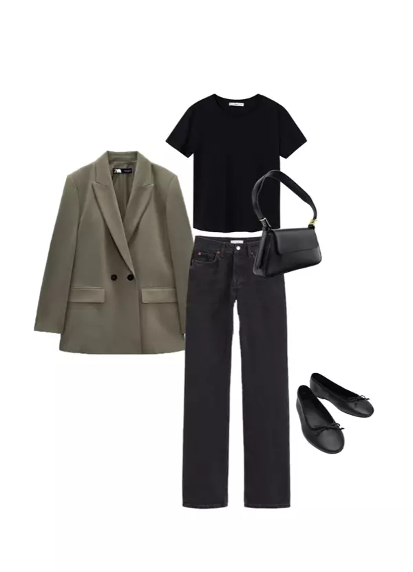 Tricou Mango, 45.99 lei, blugi H&M, 129.99 lei, Blazer Zara, 199,90 lei, balerini Mango,169,99 lei, geanta Zara, 129,90 lei