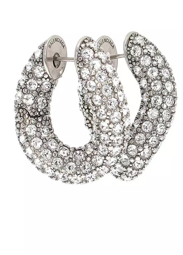 Cercei din alamă cu cristale, Balenciaga, 750 euro, www. mytheresa.com