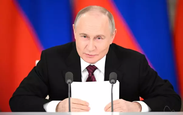 Russian President Vladimir Putin delivers a press statement at the conclusion of Victory Day celebrations