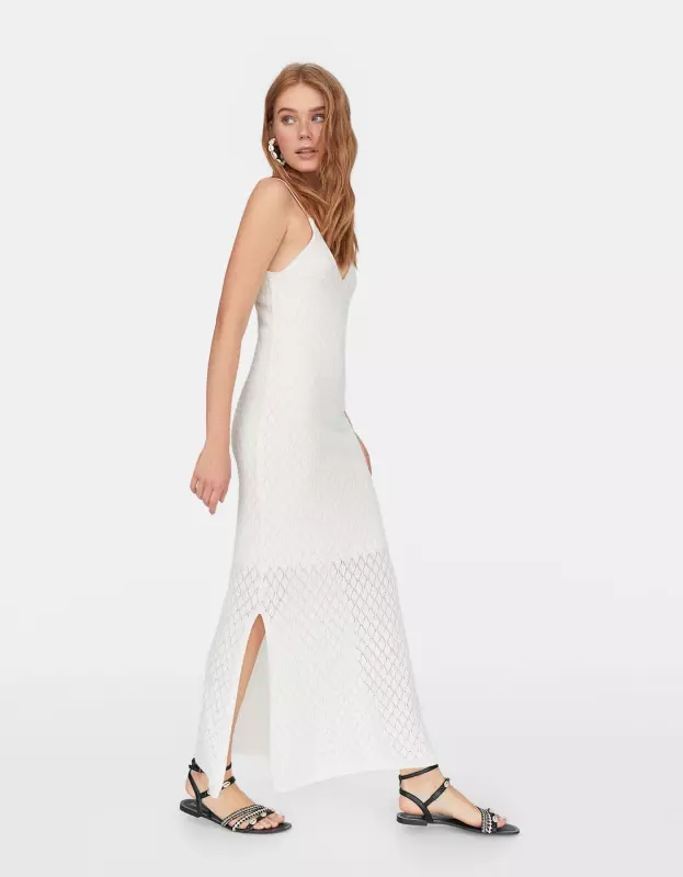 Rochie cu bretele și efect ajurat, Stradivarius, 129,90 RON