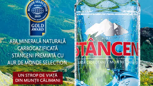 (P) Apa minerală naturală carbogazificată Stânceni premiată cu aur de Monde Selection