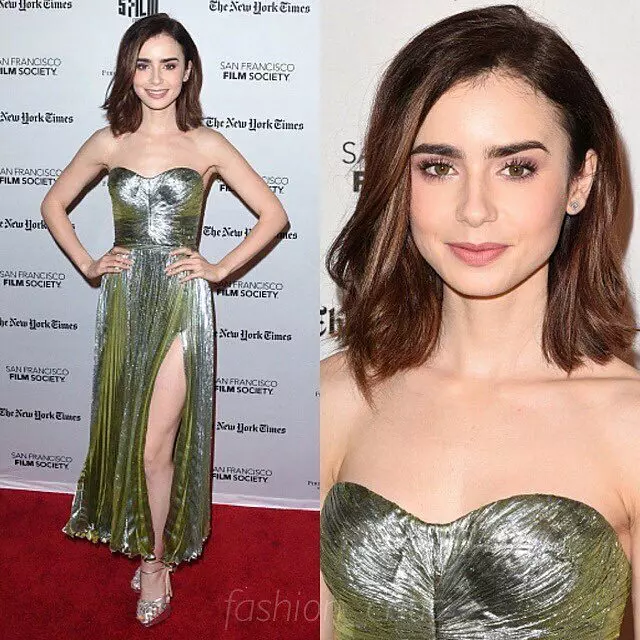 Lily Collins in Maria Lucia Hohan