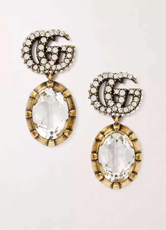 Cercei din oțel inoxidabil și cristale, Gucci, 1.700 lei, www.farfetch.com