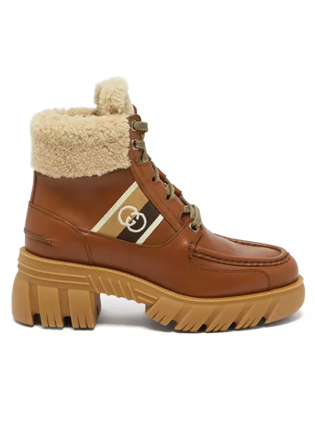 Botine din piele, căptușite cu shearling, Gucci, 4.900 lei