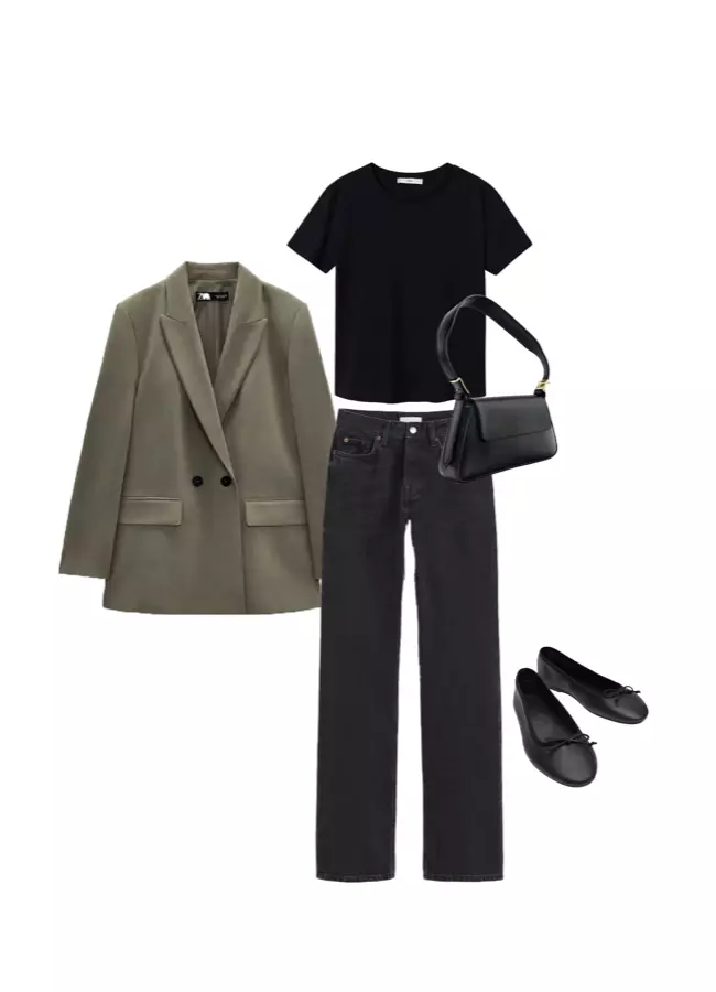 Tricou Mango, 45.99 lei, blugi H&M, 129.99 lei, Blazer Zara, 199,90 lei, balerini Mango,169,99 lei, geanta Zara, 129,90 lei