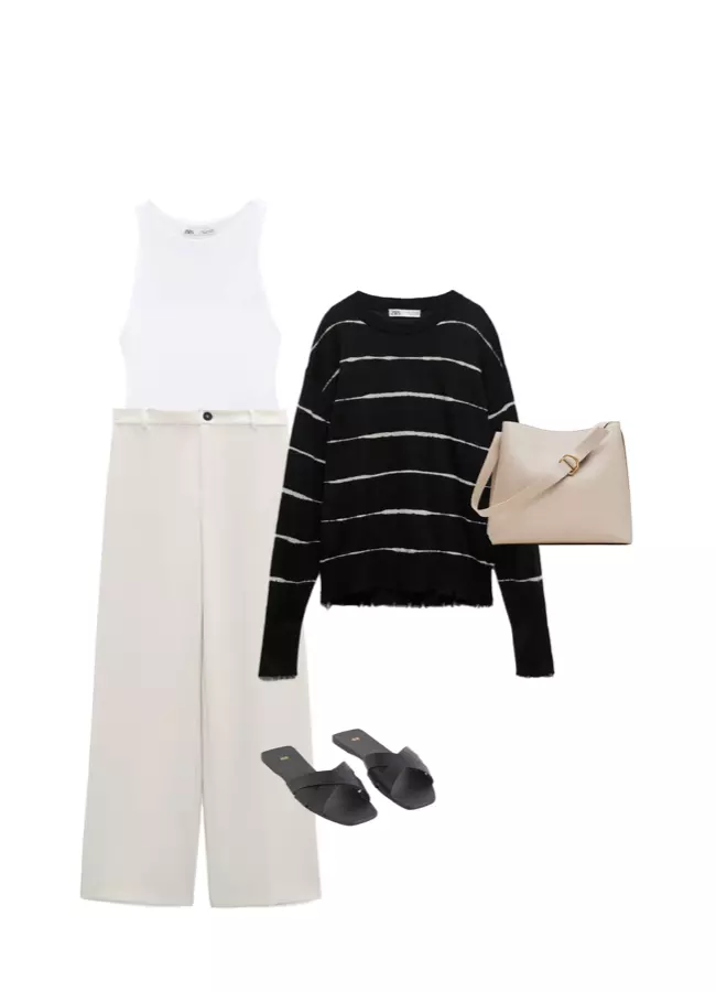Body Zara, 89,90 lei, pantaloni Zara, 89,90 lei, pulover Zara, 159,90 lei, sandale H&M, 39,90 lei, geanta Mango, 109,99 lei
