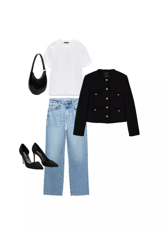 Tricou Zara, 29,90 lei, blugi Zara,139,90 lei, blazer Mango, 269,99 lei, pantofi cu toc Mango,169,99 lei, geanta Mango,149,99 lei