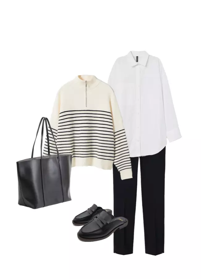 Pulover Mango, 169.99 lei, camasa H&M, 89,99 lei, pantaloni Mango, 99,99 lei, mocasini Zara, 199,90 lei, geanta H&M, 89,99 lei
