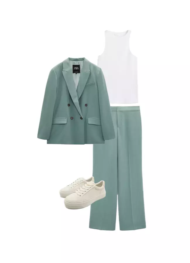 Blazer Zara, 279,90 lei, pantaloni Zara, 159,90 lei, top H&M, 39,99 lei, pantofi sport Zara, 249,90 lei