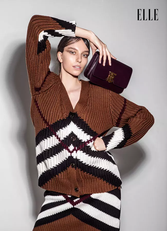 Burberry - Cardigan și fustă din amestec de cașmir și bumbac și geantă din piele, Burberry