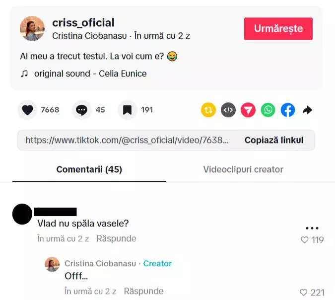 Comentariul primit de Cristina Ciobănașu