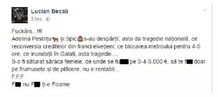 Mesajul postat cu doi ani în urmă de Lucian Becali