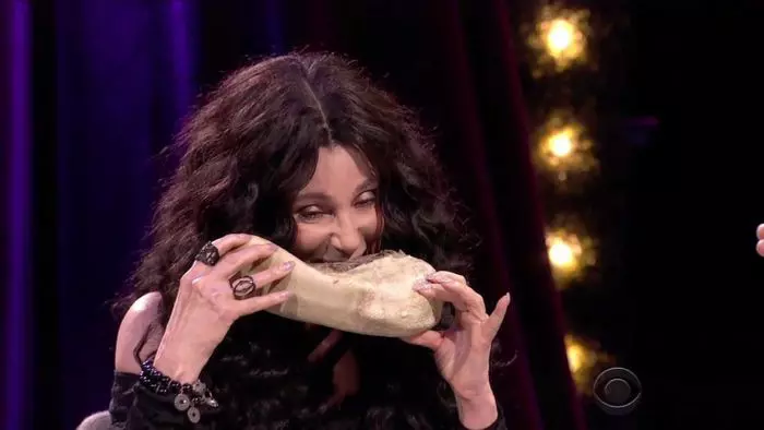 Cher eats a cow's tongue rather than say something nice about Donald Trump as she plays Spill Your Guts or Fill Your Guts on The Late Late Show