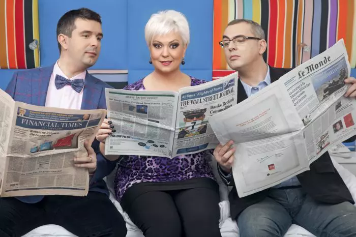 Monica Anghel în 2013. Aici, alături de George Zafiu și Vlad Petreanu, cu care a prezentat mulți ani matinal la radio