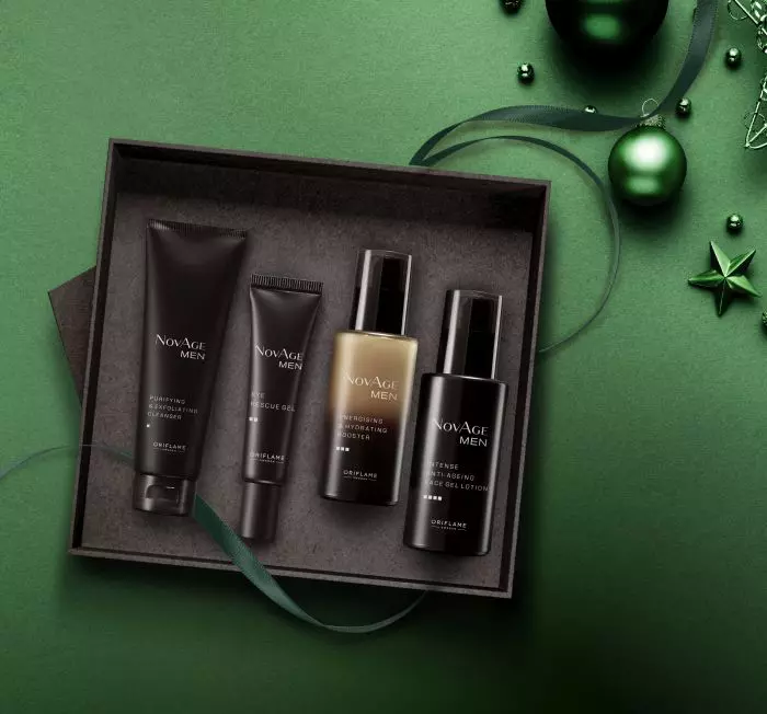 Set gel de curățare, cremă de ochi, ser, loțiune pentru față, Oriflame, NovAge Men, 319,60 lei