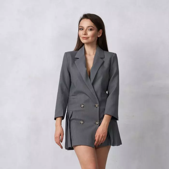 Pretty,Female,Model,Wearing,Gray,Mini,Blazer,Dress,With,Four