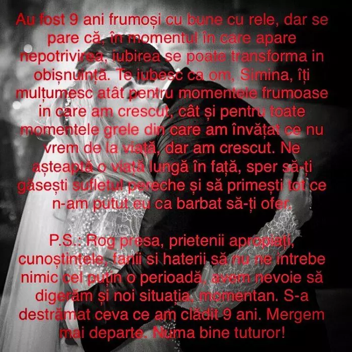 Mesajul prin care What's UPa anunțat despărțirea de Simina.