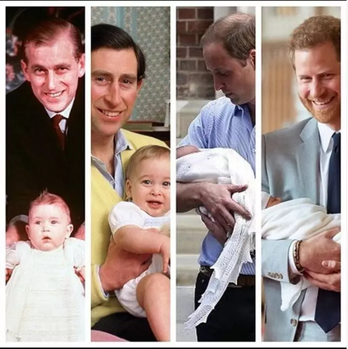 Trei generații: Prințul Philip, fiul său Charles și cei doi băieți ai lui, la prima experiență de părinte.