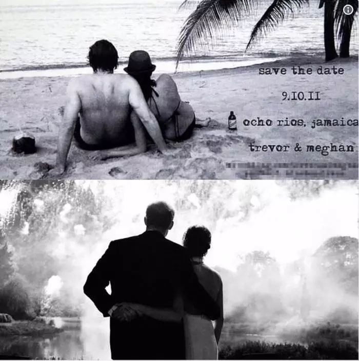 Cele două save the date trimise de Meghan la distanță de 7 ani. Una pentru nunta cu Trevor, cealaltă - pentru nunta lui Harry.