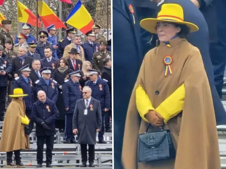 În mijlocul unei "mări" de paltoane negre, la parada de 1 Decembrie, o doamnă cu capă și pălărie galbenă a atras atenția tuturor. Cine e misterioasa femeie care a stat în "prima linie" și a dat mâna cu Traian Băsescu