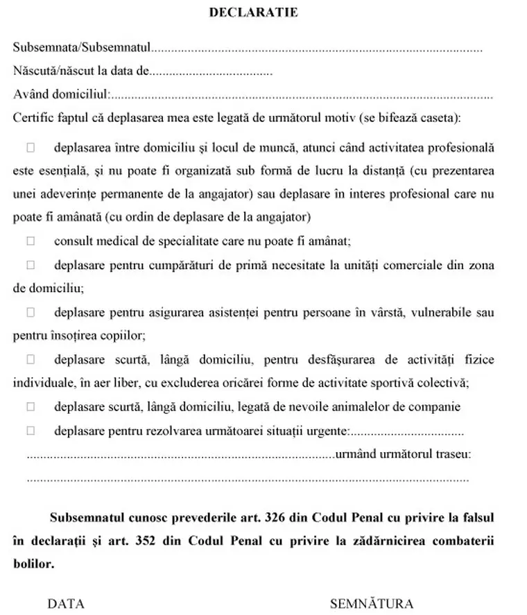 Cum arată formularele obligatorii necesare deplasării în afara domicilului