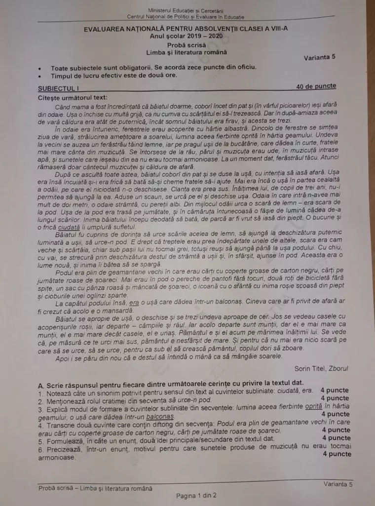Evaluare Națională 2020. Probe, subiecte, barem de corectare