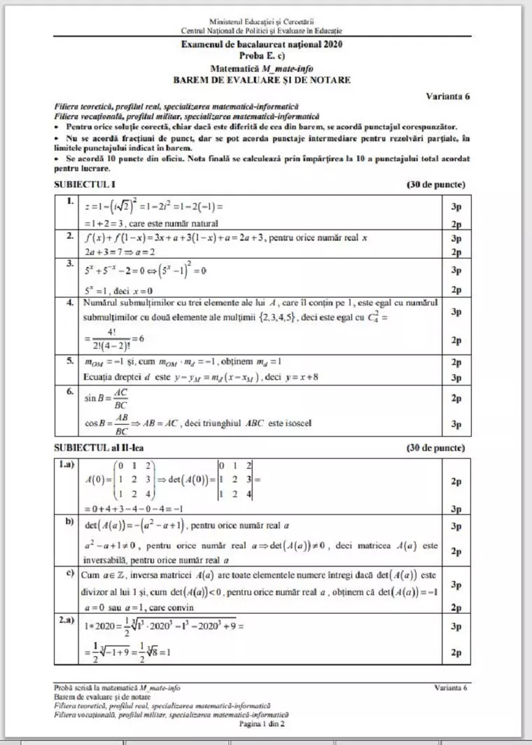 BAC 2020. Subiecte, barem de corectare, informații utile